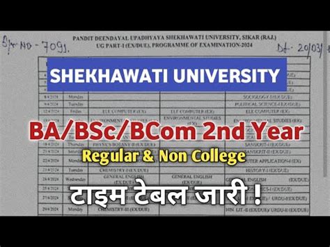Shekhawati University Time Table 2021 (Out) BA, BSc, BCom, MA Exam.